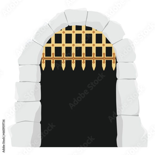 Castle wooden gate, medieval cartoon entrance grate, stone arch