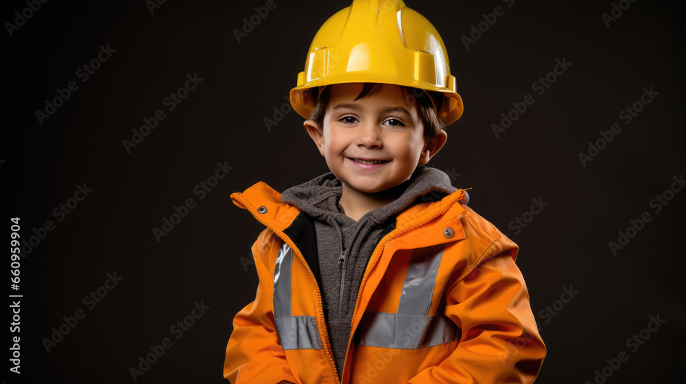 Happy boy wearing helmet or hard hat imitate builder or engineer Happy boy wearing helmet or hard hat imitate builder or engineer