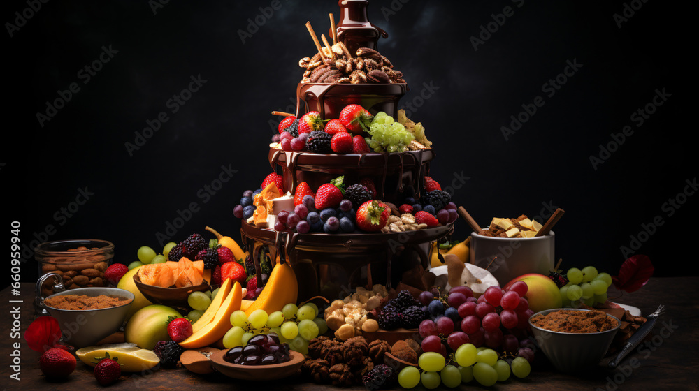 A chocolate fountain filled with lots of fruit