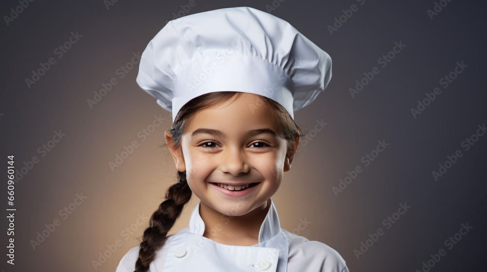 Little girl in a chef costume on isolated beige background. Little girl in a chef costume on isolated beige background.