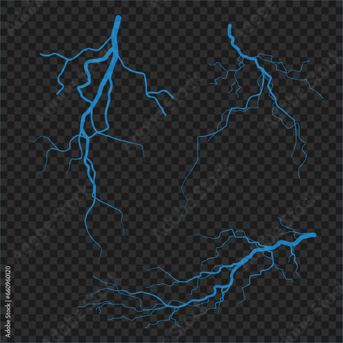 Blue lightning collection vector elements on a dark background. Illustration of bolt strike, thunderstorm design. Lightning during rainstorm