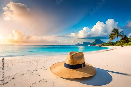 beach with straw hat and sea