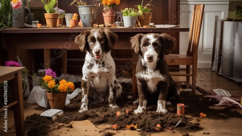 Chaotic living room with dogs and mess. Flower pots destruction, scattering soil and plants all over the floor. Destructive behavior, behaviour problems. Happy puppy time and happiness. photo