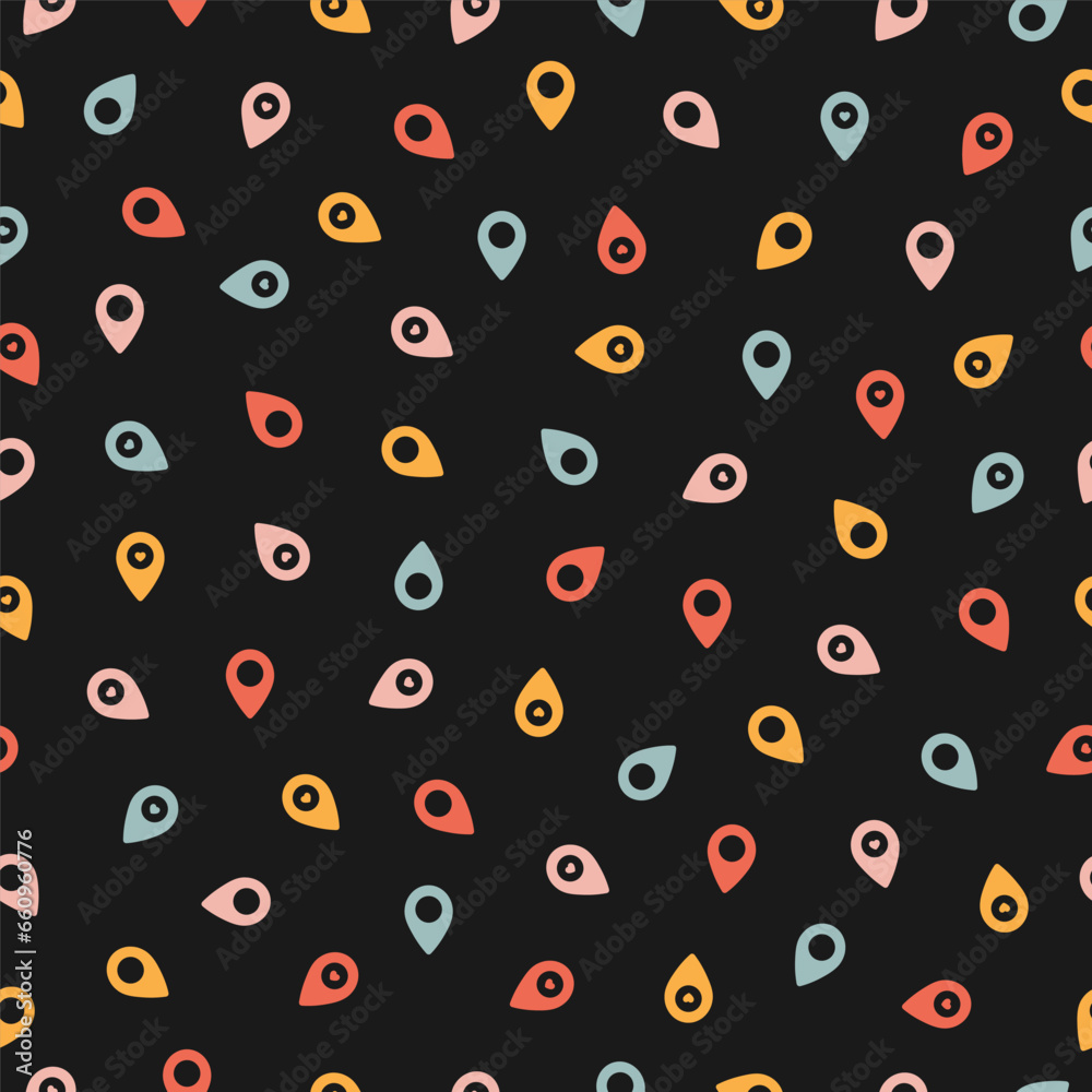 Seamless pattern with colorful map pin and black background