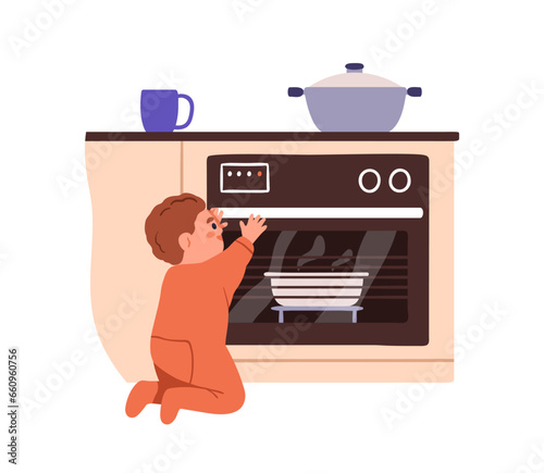 Careless child at hot stove. Kid touching oven. Unsafe dangerous situation, scorch risk at home kitchen. Baby, toddler in danger. Flat graphic vector illustration isolated on white background