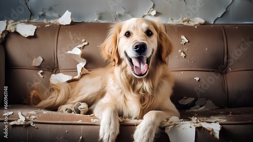 Dog sits on destructed couch, surrounded by a mess of torn fabric and stuffing. Pets destructive behavior after boredom and lack of exercise. Happy dog sits in chaos. Home living room in mess.