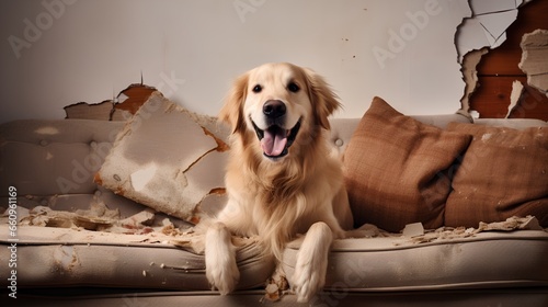 Dog sits on destructed couch, surrounded by a mess of torn fabric and stuffing. Pets destructive behavior after boredom and lack of exercise. Happy dog sits in chaos. Home living room in mess.