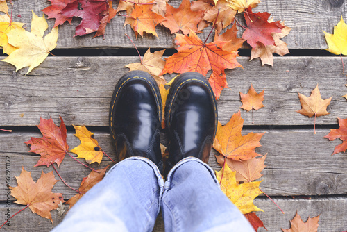 Legs on a background of autumn leaves. Women's feet in leather boots against the background of fallen yellow foliage in October. Autumn mood and comfort.