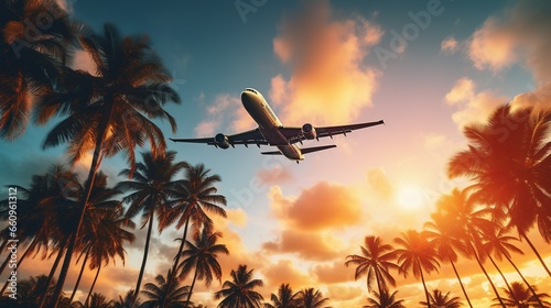 Airplane flying above palm trees in clear sunset sky with sun rays