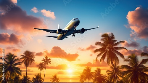 Airplane flying above palm trees in clear sunset sky with sun rays