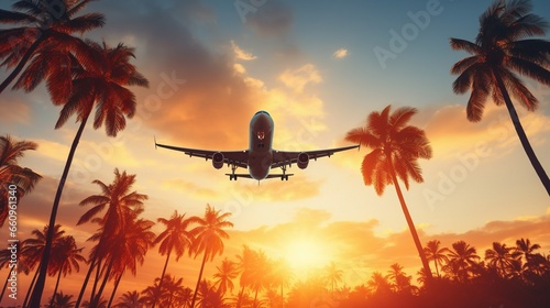 Airplane flying above palm trees in clear sunset sky with sun rays © LaxmiOwl