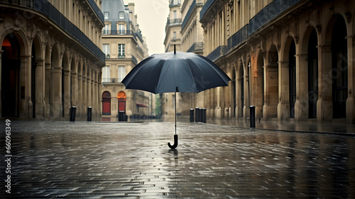 un parapluie ouvert dans une rue pavée parisienne sous la pluie, sans personne © Fox_Dsign