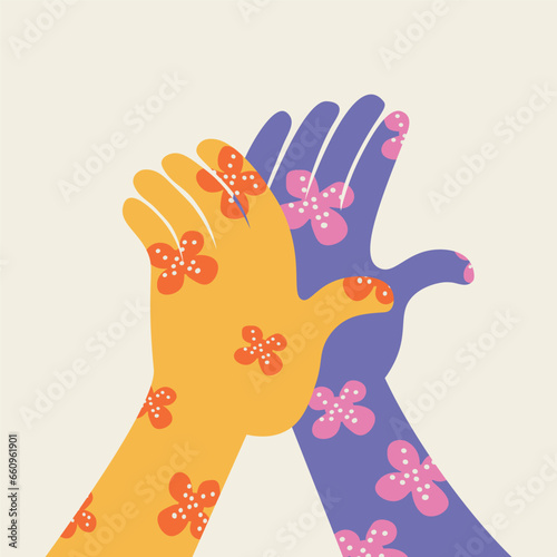 Hands palms clap each other in agreement vector flat illustration. Funny High Five approval sign , joy, interaction, teamworx,without racism. For card, poster, print, design, background, poster