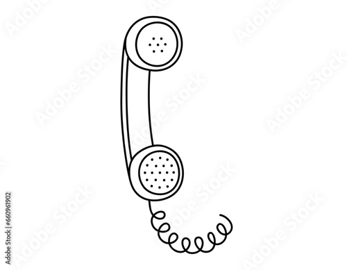 Hand drawn cute outline illustration of retro phone handset. Flat vector old telephone with dial sticker in simple line art doodle style. Call device line icon or print. Isolated on white background.