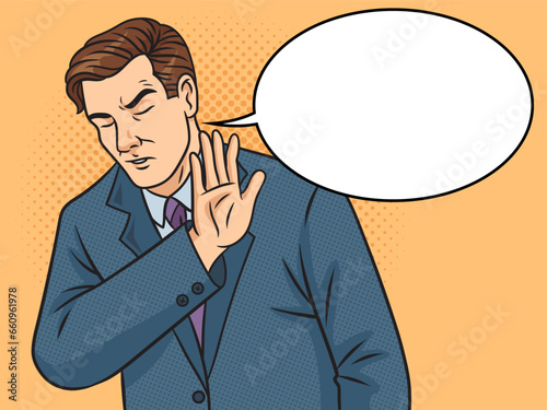 Man with dissatisfied refusal gesture businessman meme with text bubble pinup pop art retro vector illustration. Comic book style imitation.
