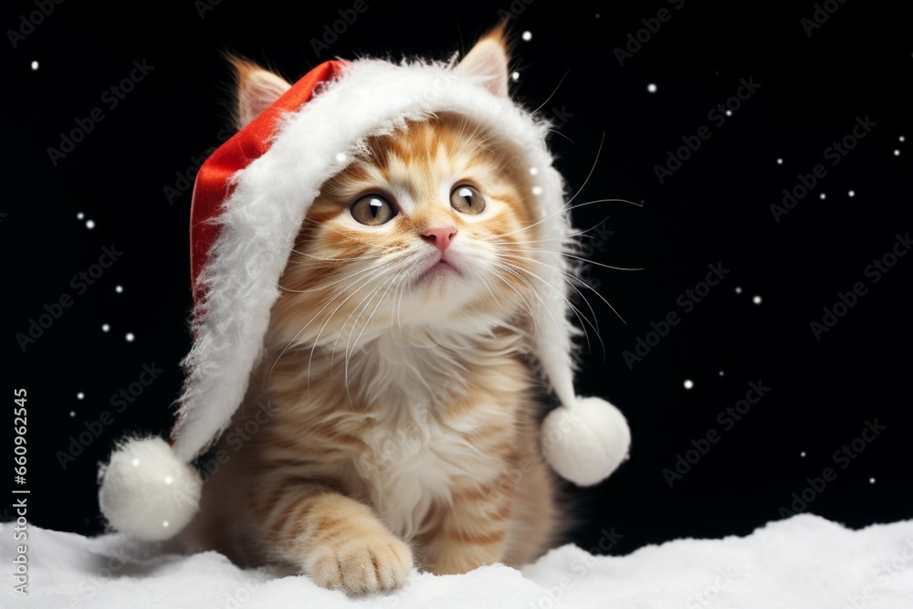 Festive ginger kitten wears Santa hat, a snowy backdrop accentuating its cuteness