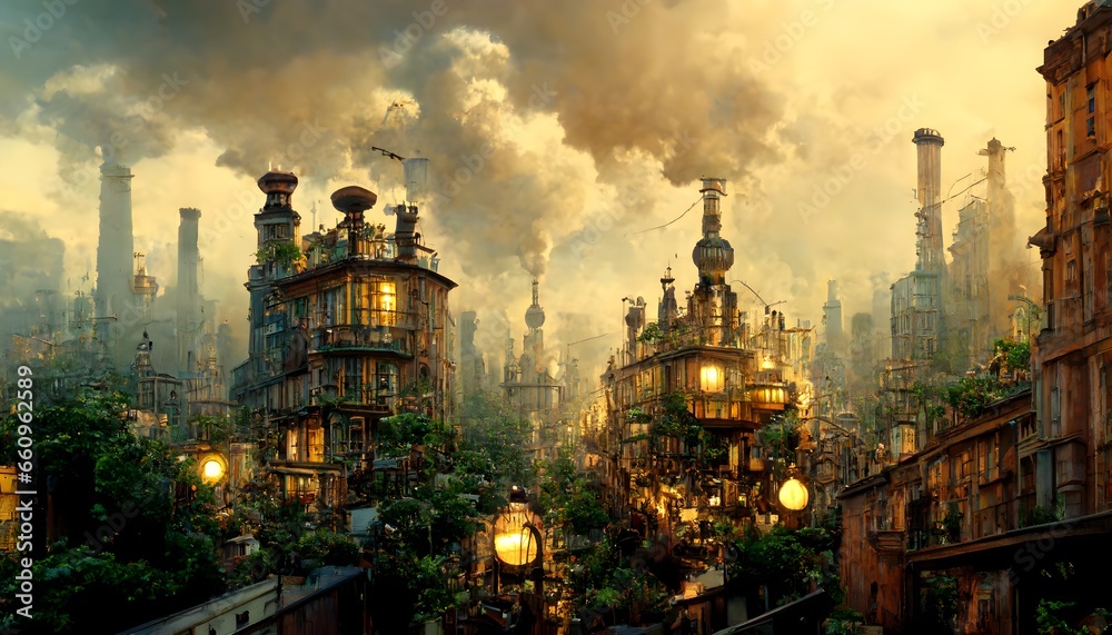 steampunk fantasy european urban jungle city streets architecture daytime clear skies cinematic lighting 