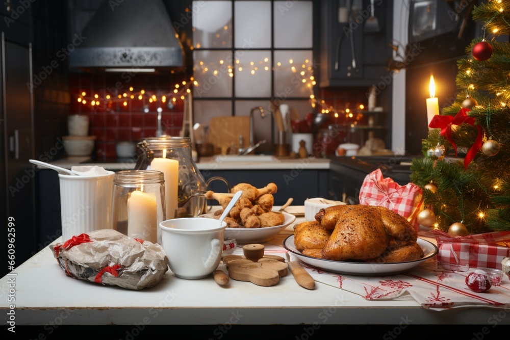 Festive holiday decor paired with time saving hot food in disposable plastic