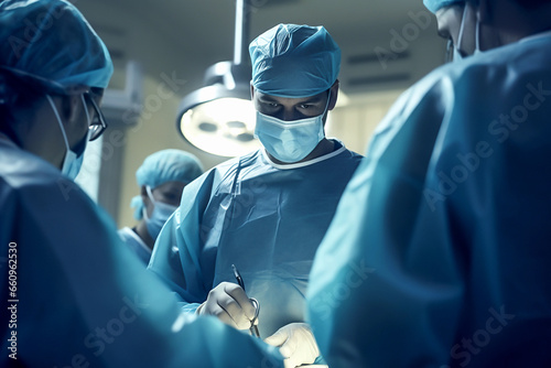 Photo of team surgeon at work in operating room. Doctor profession. Generative AI photo
