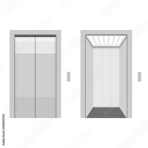 Modern passenger elevators with closed and opened cabin doors