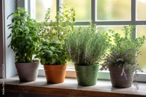 Different aromatic potted herbs. Spring eco organic garden on windowsill at home. Close up.