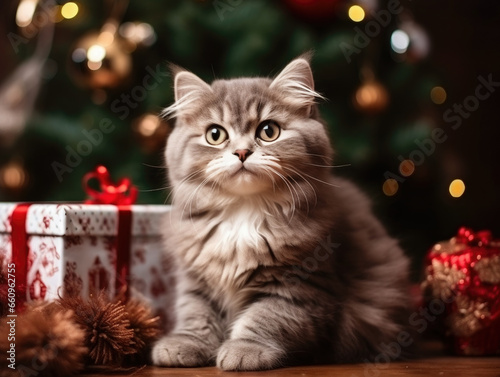 Gray cat posing in front of the Christmas tree with gifts. Genrative AI.