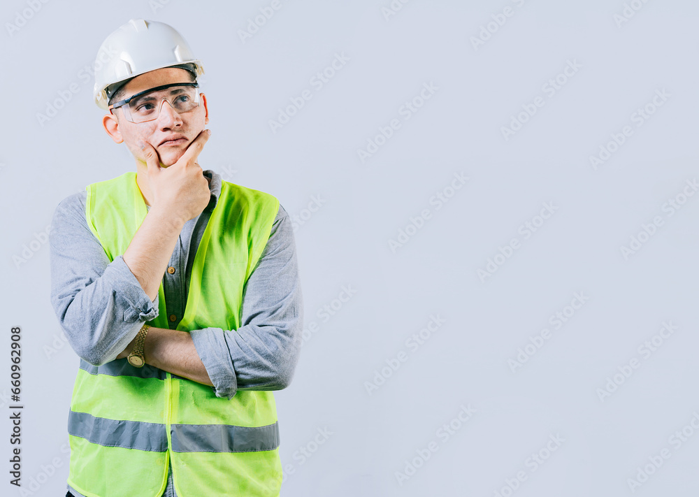 Pensive male engineer with hand on chin isolated. Pensive man engineer looking side. Portrait of handsome engineer thinking with hand on chin Pensive male engineer with hand on chin isolated. Pensive man engineer looking side. Portrait of handsome engineer thinking with hand on chin
