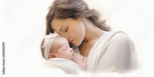 A mother lovingly holds her newborn baby. in your arms