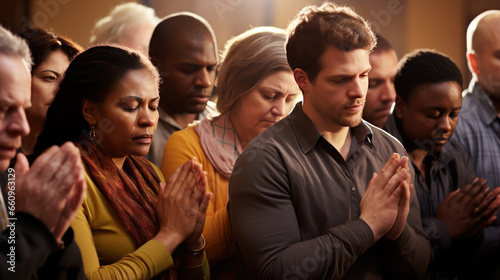 Group of people during prayer in a church. photo