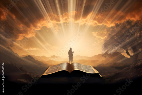Bright Sunlight Illuminating the Path, with the Silhouette of the Holy Bible and Jesus Christ, Signifying Spiritual Enlightenment and Guidance