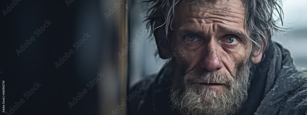 Homeless man on a city street - obrazy, fototapety, plakaty 