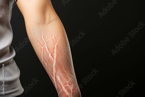 Injured adult female with elbow pain, illustrating lateral epicondylitis on gray background photo