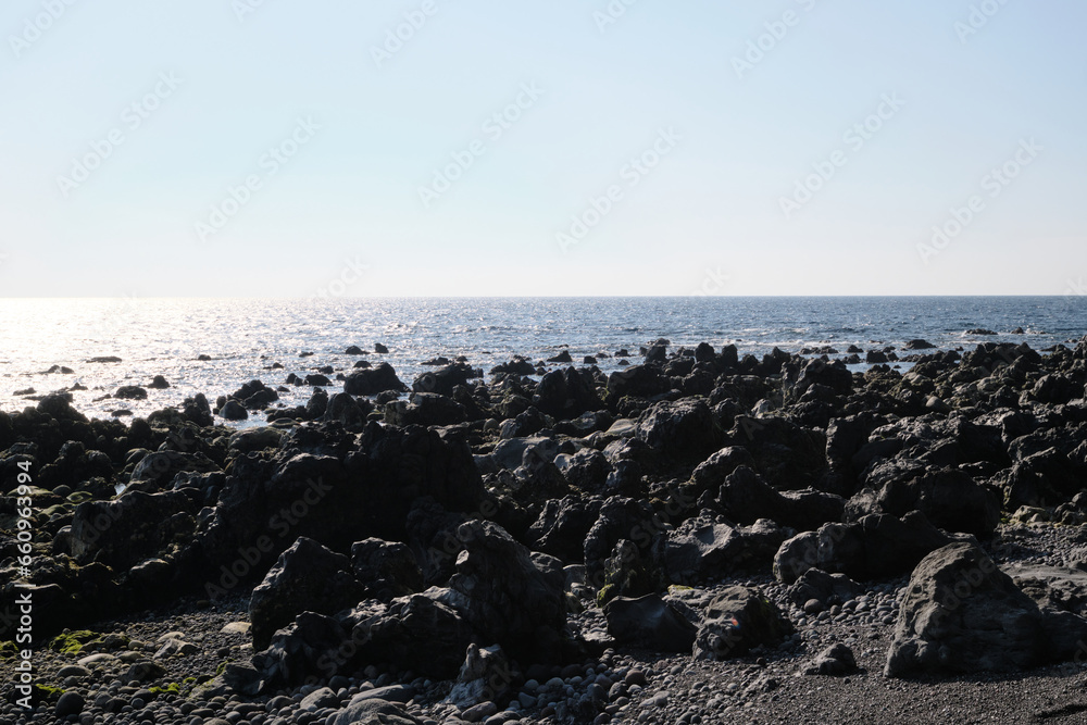 Obraz premium 海岸に転がる玄武岩溶岩の風景