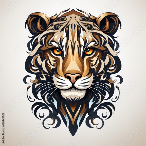 A tiger's head with a pattern on it's face. Imaginary AI picture. Clipart on solid background.