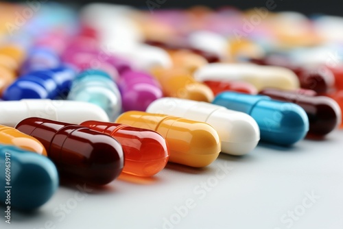 Macro close up of colorful pills spilled from a capsule on a white surface