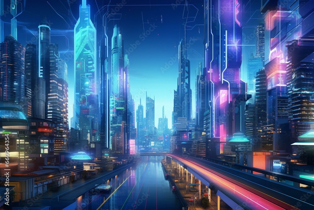 Futuristic cyberpunk 3D rendering of neon cityscape. Generative AI