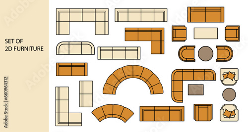Furniture for the floor plan. Top view sofas, armchairs, and coffee tables. Perfect for interior mood boards and planning sketches. Architectural.