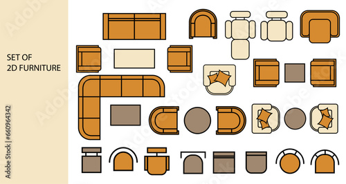 Furniture for the floor plan. Top view sofas, armchairs, and coffee tables. Perfect for interior mood boards and planning sketches. Architectural.