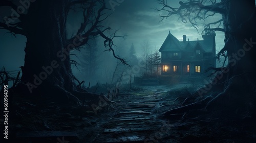 Black Spooky Scary House in the Middle of the Mystical Forest Art Illustration. Halloween Horror Cinematic Background