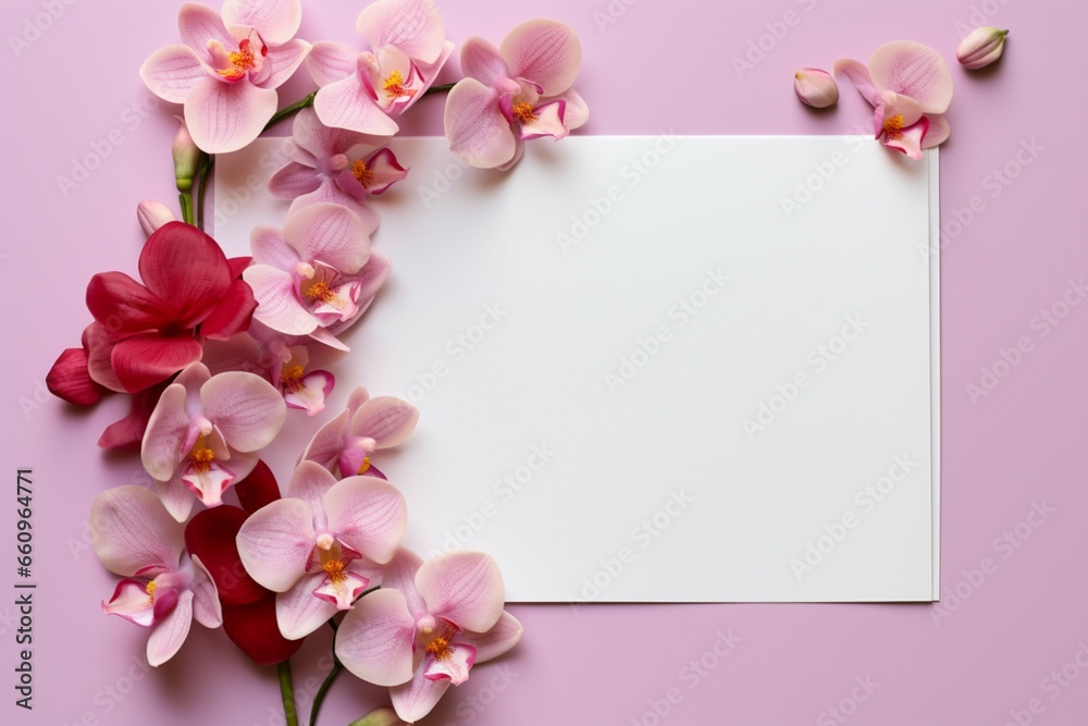 Pastel pink background with orchids accenting an empty white paper for text