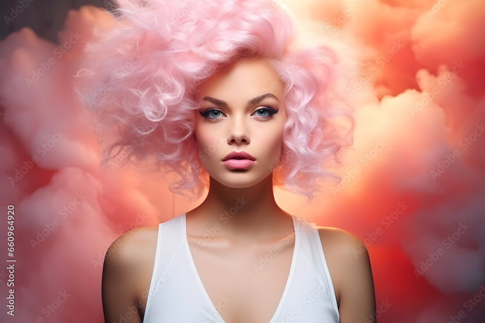 A Surreal Fashion Concept. A Close-Up Portrait of a Stunning Woman with Cotton Candy Pink Hair, Resembling Fluffy Clouds. Enhanced by Dynamic Composition and Dramatic Lighting for a Mesmerizing Look