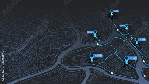 GPS navigator screen with street roads and location, destination points City top view, for application and animation. Vector, illustration isolated. Urban highway path turns, destination tag or mark