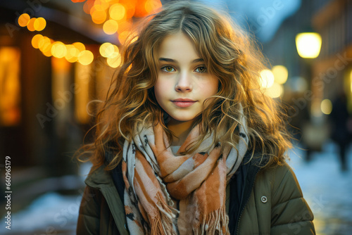 Captivating Eastern European girl with dreamy gaze in softly-lit, blurred village square at night.