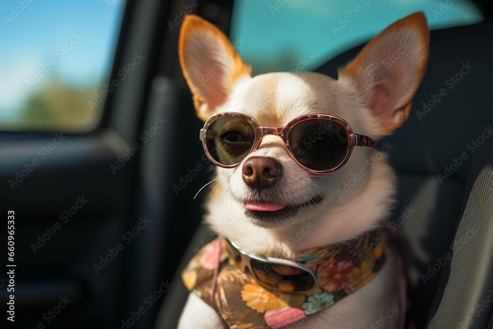 Safety and style meet as a cool Chihuahua with sunglasses travels in a pet carrier backpack within a car