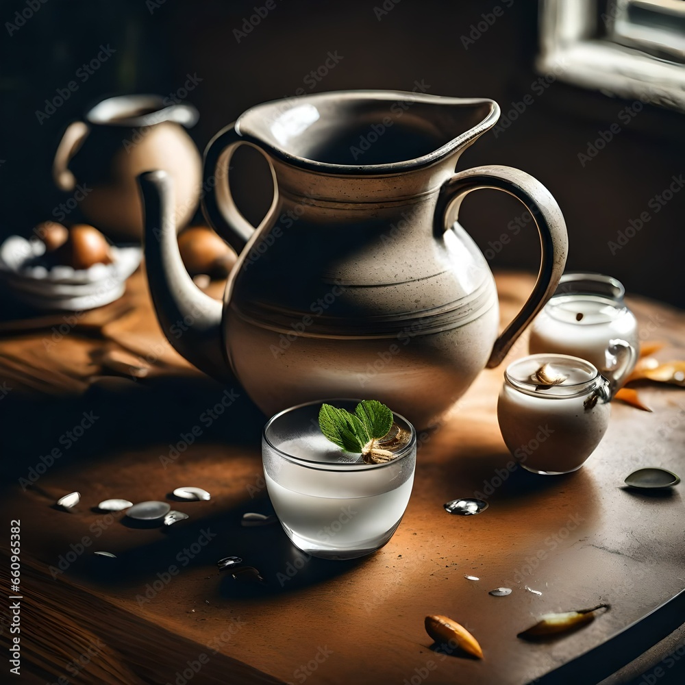 white and black mirror jugs with highly painted with small flowers and tea pot placed oround the table white and black mirror jugs with highly painted with small flowers and tea pot placed oround the table