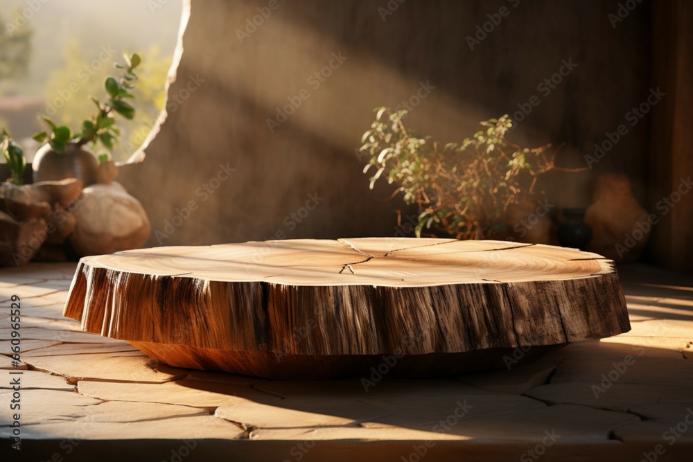 Sunlight bathes a rustic natural log wood podium table, creating a warm ambiance