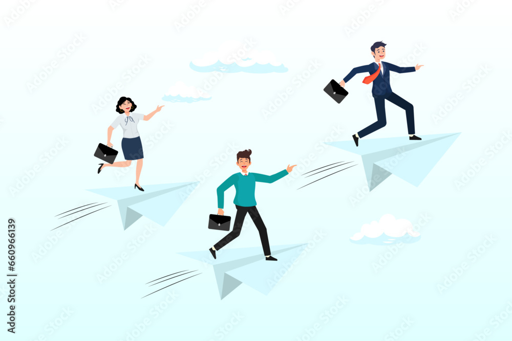 Businessman ride paper airplane origami lead team flying to success, success leadership to lead team to achieve goal, motivation or aspiration to drive company, teamwork or career opportunity (Vector) Businessman ride paper airplane origami lead team flying to success, success leadership to lead team to achieve goal, motivation or aspiration to drive company, teamwork or career opportunity (Vector)