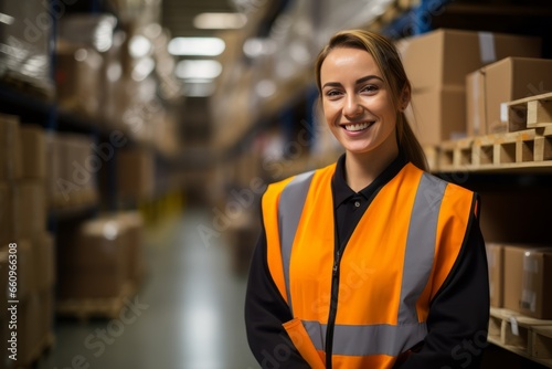 Portrait of smiling female industrial worker in warehouse storage center generative ai © Gilang
