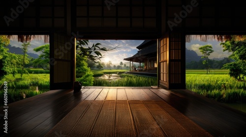 Front balcony of home, hoststay accommodation, natural style With green rice fields, mountains, and morning sunlight.