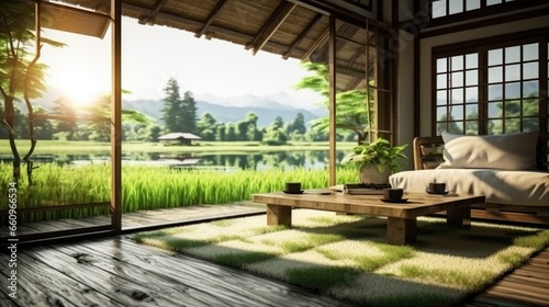 Front balcony of home, hoststay accommodation, natural style With green rice fields, mountains, and morning sunlight.